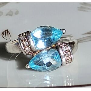 BLUE TOPAZ & WHITE DIAMOND sterling silver bypass Ring 💍New